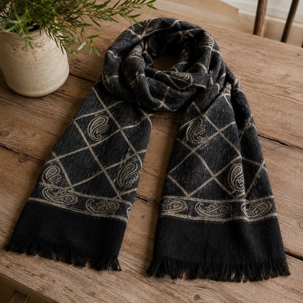 Evan Picone Paisley Diamond Scarf Womens Black Classic Luxury Fringe Vintage